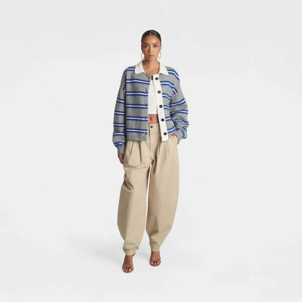 KBB by Kahlana Women's Striped Schoolboy Cardigan Sweater - Gray/Blue M